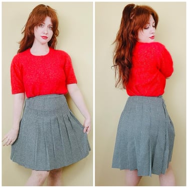 1990s Vintage Columbus Circle Green Houndstooth Skirt / 90s High Waisted Pleated Mini / Small 