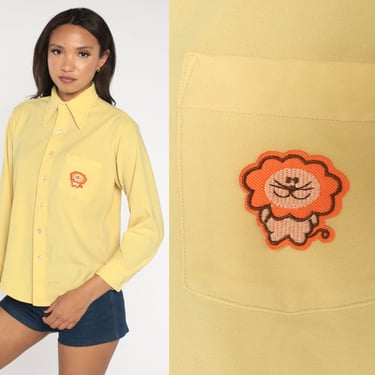 70s Lion Shirt -- Yellow Button Up Shirt 70s Disco Top Animal Shirt Hippie 1970s Boho Vintage Long Sleeve Novelty Print Men's 16 33 Large 