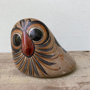 Vintage Sunflower Tonala Owl, Small Owl Figurine, Mexican Ceramics, Unsigned 