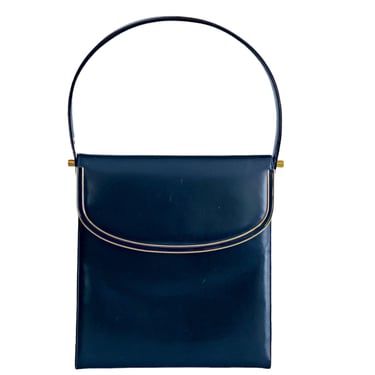 Vintage Navy Blue Leather Top Handle Purse - Structured Gold-Trimmed Dressy Handbag with Flap and Snap Closure - Unmarked Coblentz 