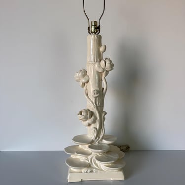 1970's Hollywood Regency Faux Bamboo Lotus Table Lamp 