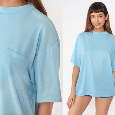 Light Blue T-Shirt 70s Pocket Tee Retro Plain TShirt Solid T Shirt Blank Basic Shirt Single Stitch Streetwear Top  Vintage 1990s Large xl 