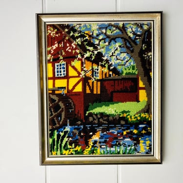 Vintage cross stitch, water mill scene needlepoint, country river scene, handmade wall hanging, vivid colours for vintage cabin, home decor 