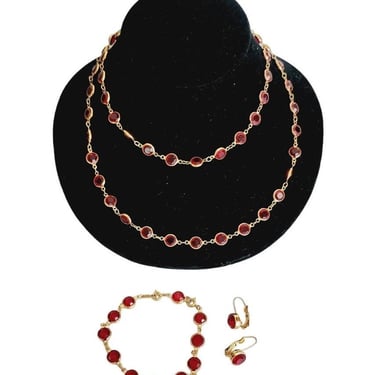 Vintage 90s Swarovski Red Crystal Set Necklace Bracelet Earrings 