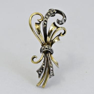 Ornate 40's 925 silver marcasite reeds & ribbons brooch, sterling vermeil pyrite grasses and bows pin 