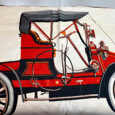 VTG hand rolled scarf MCM 1960’s extra large bold colorful novelty print antique Car Model T model A painted illustration XL square 