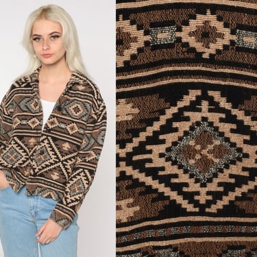 Southwestern Tapestry Jacket Y2K Boho Woven Blanket Coat Button Up Blazer Western Cowboy Southwest Vintage Brown Bohemian Retro 00s Small 