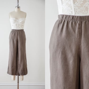 wide leg linen pants | 90s y2k plus size vintage brown elastic waist loose baggy cropped pants 
