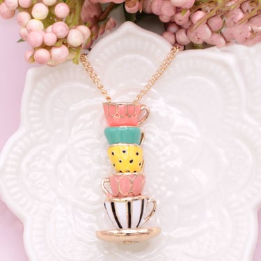 Mad Hatter Pastel Teacup Stack Gold Necklace