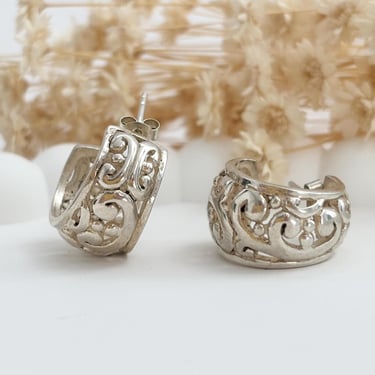 Filigree Style Sterling Silver Open Hoop Chunky Vintage Ornate Victorian Inspired Little Hoop Earrings w/ Post Back Enclosure 
