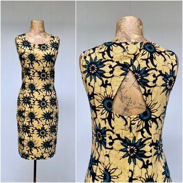Vintage 1980s Rayon-Linen Shift, Yellow Sheath w/Green/Black Faux Batik Flowers, 80s Sun Dress w/ Keyhole Back, Small 36