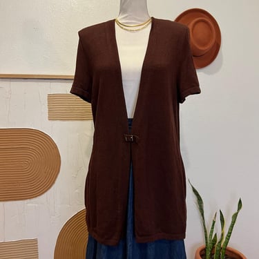 St. John Vintage Chocolate Brown Short Sleeve Buckle Cardigan Sweater USA 12 