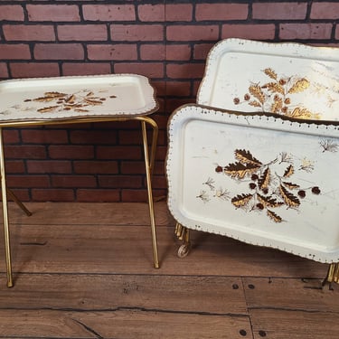 Set of 4 White and Gold Leaf Metal TV Trays 