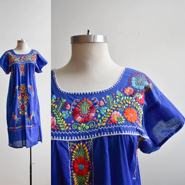 Vintage Blue Embroidered Mexican Dress 