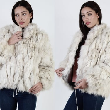 Shaggy Patchwork Fox Fur Coat / Vintage 70s Natural Arctic Fox Bomber Jacket / Womens Warm Winter Blue Apres Ski Overcoat Jacket 
