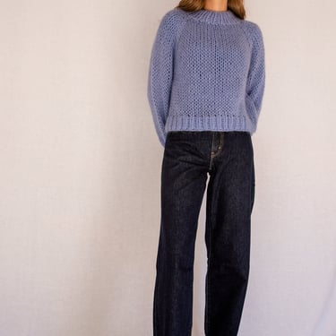 Relaxed Mohair Sweater in Sky, Hand Knit Pullover, Chunky Mohair Jumper, Oversized Knitted Sweater in Kid Mohair, Blue Mockneck, Loose Fit 