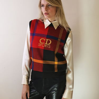 Vintage Christian Dior Sports Logo Sweater Vest in Red Plaid CD Monogram 90s Y2K S M Knit Pullover 