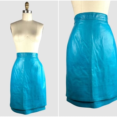 LOUIS FERAUD Vintage 80s Turquoise Color Calfskin Leather Midi Pencil skirt | 1980s Fitted High Waist, layered, Vintage Designer | Sz Medium 