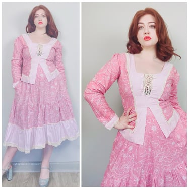 1970s Vintage Pink Gunne Style Gingham Prairie Dress / 70s Lace Up Peplum Waist Corset Fit and Flare Dress / Size Large 