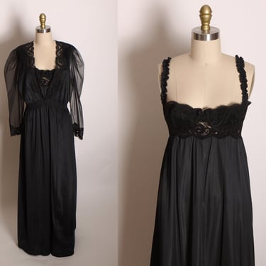 1980s Black Nylon Push Up Full Length Wide Strap Night Gown with Matching Sheer Sleeve Button Up Robe Lingerie Peignoir Set by Olga 94480 -L 