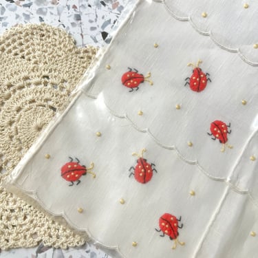 NOS Linen Napkins, Lady Bug Embroidery, Dead Stock, Madeira Linen, Vintage Mid-Century 
