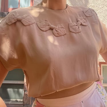 1940s Crepe Sand Blouse with Bows size Medium 