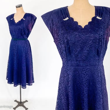 1950s Navy Blue Lace Cocktail Dress | 40s Blue Lace Party Dress | Kerrybrooke | Large 