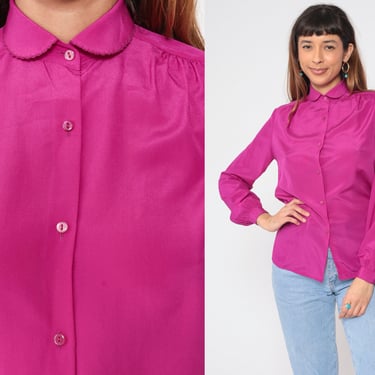Magenta Button Up Blouse 80s Peter Pan Collar Shirt Retro Plain Simple Secretary Top Silky Basic Long Sleeve Collared Vintage 1980s Small 6 