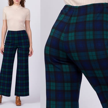 70s Blue & Green Plaid Flared Pants - Medium, 26"-29" | Vintage High Waisted Boho Trousers 