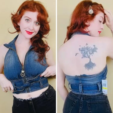 Y2K Fabulosity Denim Halter Top / Vintage Stretch Dark Wash Zipper Front Crop Top / Size Medium 