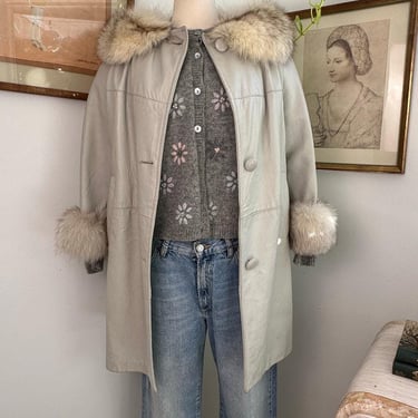 Vintage Cream Leather Coat Women's Medium Leather Fox Fur Trim Mid-Length Winter | Winter Leather Coat With Belts | Minimalist jacket 