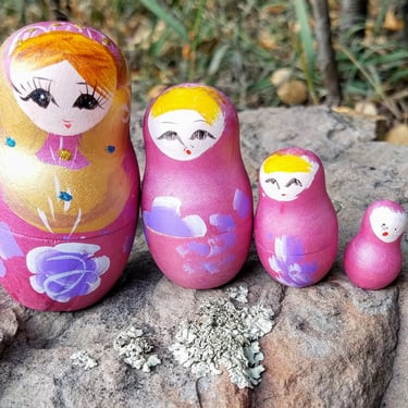 4 Russian Nesting Dolls ~ Hand Painted Wooden Dolls Pink Purple Gold~Painted Girl with Big Eyes~JewelsandMetals 