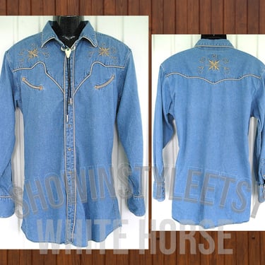 Vintage Retro Western Men's Cowboy & Rodeo Shirt by White Horse, Blue Denim with Beige Embroidered Desings, Tag Size Large (see meas. photo) 