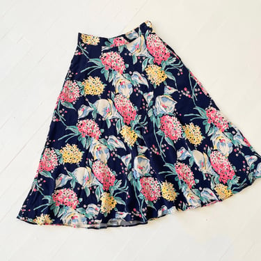 1990s Ralph Lauren Floral Print Rayon Skirt 
