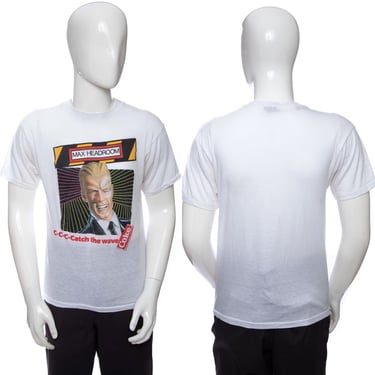 1980's Sneakers White and Max Headroom Graphic Print Crew Neck T-Shirt Size M