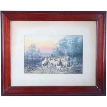 Vintage GEORGE RIECKE Watercolor on Paper Painting, Landscape with Sheep Matted and Framed Art 