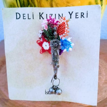 Unique Filigree Brooch Istanbul Turkey~Vintage Boho Brooch~Silvered Metal & Colorful Fabric Flowers Handmade Pin~JewelsandMetals 