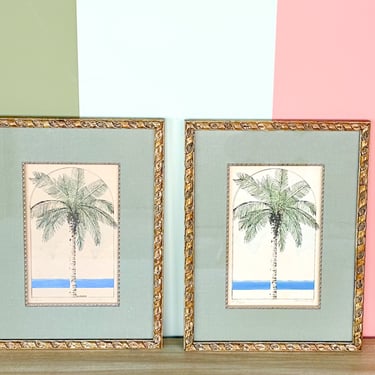 Pair of Signed Palm Tree Watercolor Art