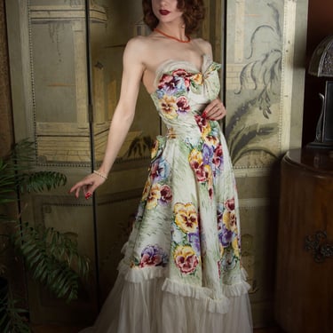 1940s Gown - Phenomenal Vintage 40s Macro Floral Printed Party Dress with Giant Pansy Motif and Petal Bust 