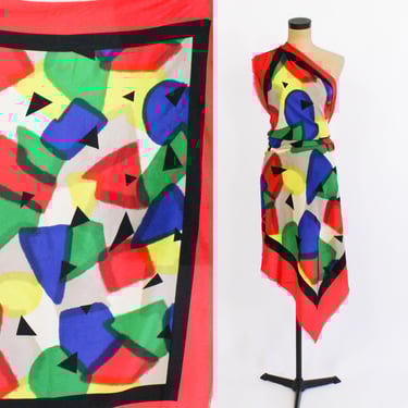 1980s Colorful Red Silk Abstract Scarf | 80s Abstract Silk Scarf | Flora Kung 