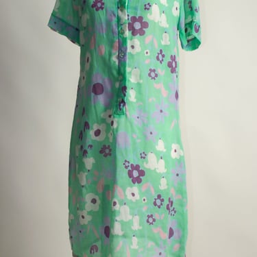 1960s aqua and purple floral cotton shift dress