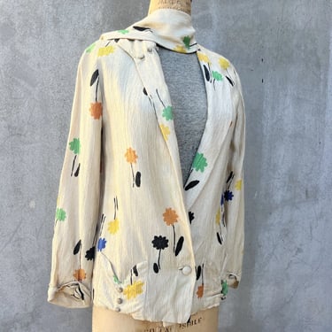 Vintage 1920s Ecru Textured Rayon Coat Colorful Floral Print Dress Jacket Deco
