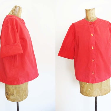 Vintage 50s Cherry Red Cotton Womens Blouse S M - 1950s Trapeze Flare Sleeve Button Up 