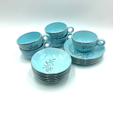 Taylor Smith Taylor White Wheat Pebbleford, Cup & Saucer Sets (5), Fruit Bowls (6), Turquoise, Robin's Egg Blue, Flecked, Mid Century Dinner 