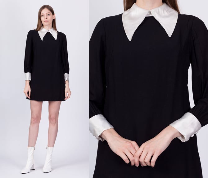 60s Gothic Wednesday Addams Mod Mini Dress - Small | Vintage Black & White Contrast Satin Trim Long Sleeve Shift 