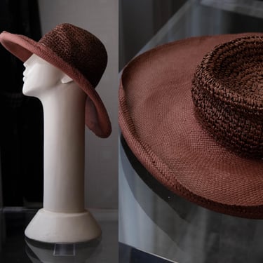 Vintage 80s LAURA ASHLEY Dusty Mauve Woven Papier Wide Brim Floppy Sun Hat | Made in Italy | Beach, Pool, Summer | 1980s Designer Sun Hat 