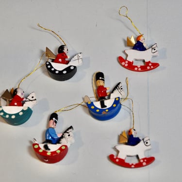 6 Vintage Erzgebirge Wooden Angel Ornaments on Rocking Horse 1950's Set of 6 Hand Painted RARE Set Collectible Christmas Ornaments 