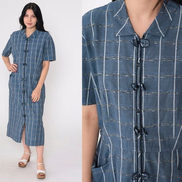 Blue Checkered Dress 60s Day Dress Button up Midi Dress Collared Summer Retro Sixties Casual Short Sleeve Cotton Boho Vintage 1960s Large L 