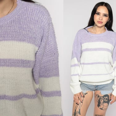 Lavender Striped Sweater White Purple Knit Sweater 80s Pullover Sweater Crewneck Retro Nerd Slouch Jumper Vintage Large L 