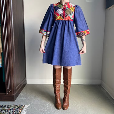 Vintage 1970s Smock Dress / Vintage Patchwork Denim Dress / Smock Dress XS / 1970s Dress XS / Vintage Hippie Dress Small 